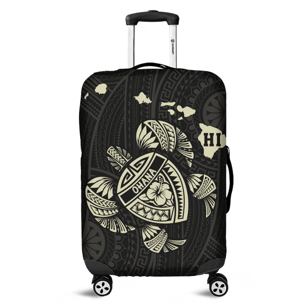 Hawaiian Map Turtle Ohana Hibicus Polynesian Luggage Covers - Beige - AH Black - Polynesian Pride