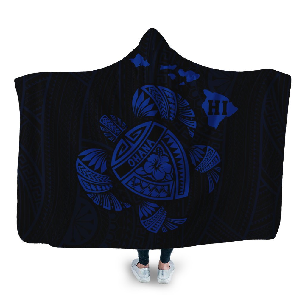 Hawaiian Map Turtle Ohana Hibicus Polynesian Hooded Blanket - Blue - AH Hooded Blanket White - Polynesian Pride