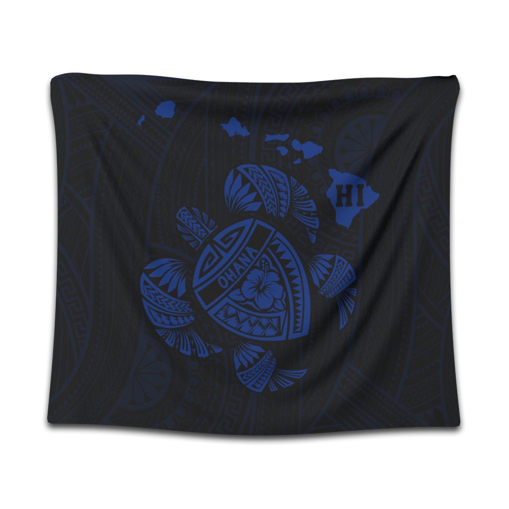 Hawaiian Map Turtle Ohana Hibicus Polynesian Tapestry - Blue - AH Wall Tapestry Black - Polynesian Pride