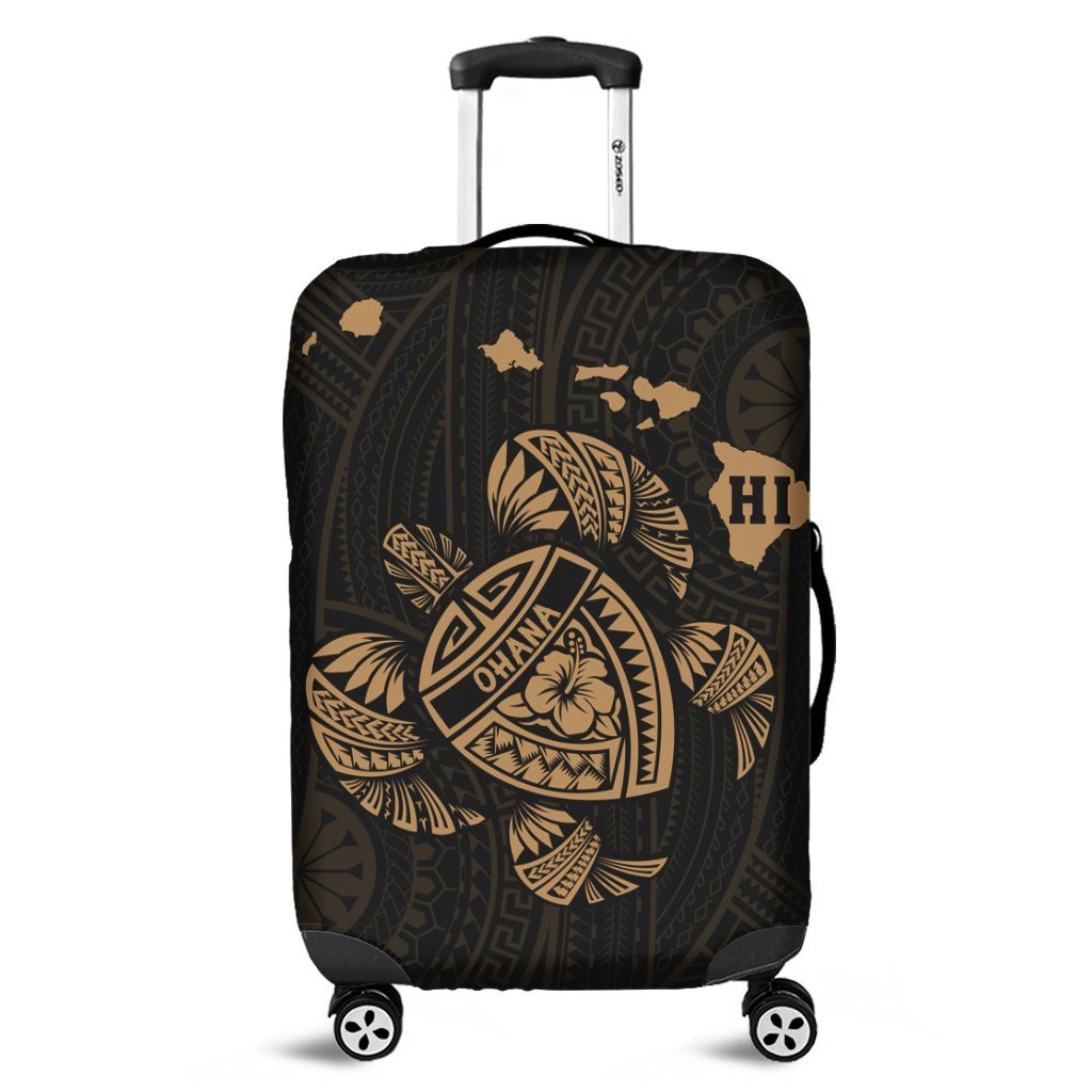 Hawaiian Map Turtle Ohana Hibicus Polynesian Luggage Covers - Gold - AH Black - Polynesian Pride