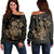 Hawaiian Map Turtle Ohana Hibicus Polynesian Women's Off Shoulder Sweater - Gold - AH Black - Polynesian Pride