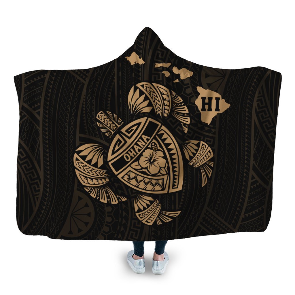 Hawaiian Map Turtle Ohana Hibicus Polynesian Hooded Blanket - Gold - AH Hooded Blanket White - Polynesian Pride