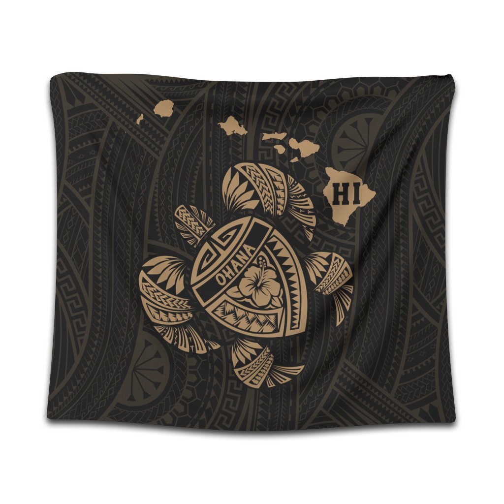 Hawaiian Map Turtle Ohana Hibicus Polynesian Tapestry - Gold - AH Wall Tapestry Black - Polynesian Pride