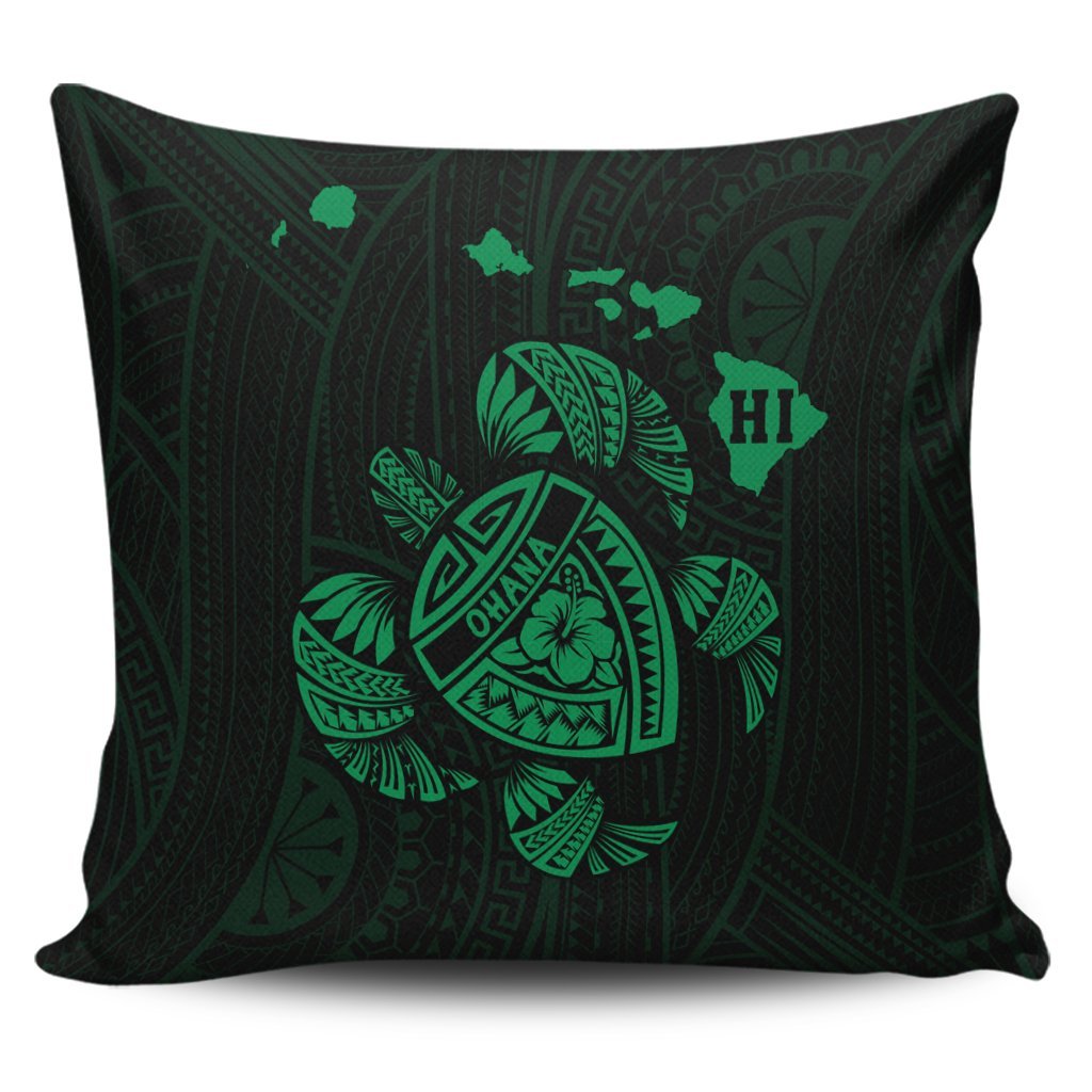 Hawaiian Map Turtle Ohana Hibicus Polynesian Pillow Covers - Green - AH Pillow Covers Black - Polynesian Pride