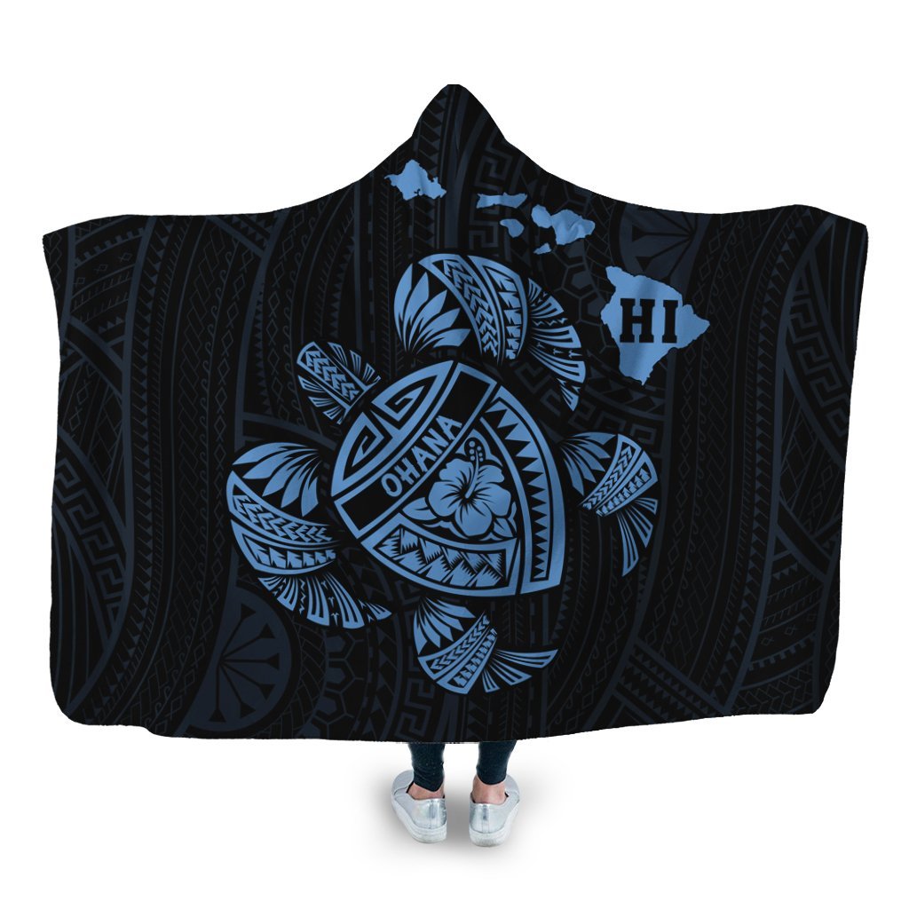 Hawaiian Map Turtle Ohana Hibicus Polynesian Hooded Blanket - Pastel Blue - AH Hooded Blanket White - Polynesian Pride