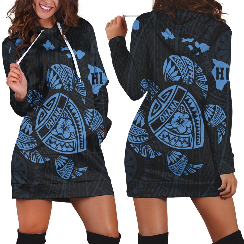 Hawaiian Map Turtle Ohana Hibicus Polynesian Hoodie Dress - Pastel Blue - AH Black - Polynesian Pride