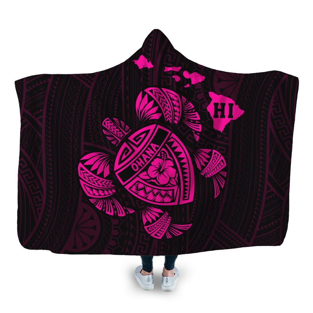 Hawaiian Map Turtle Ohana Hibicus Polynesian Hooded Blanket - Pink - AH Hooded Blanket White - Polynesian Pride