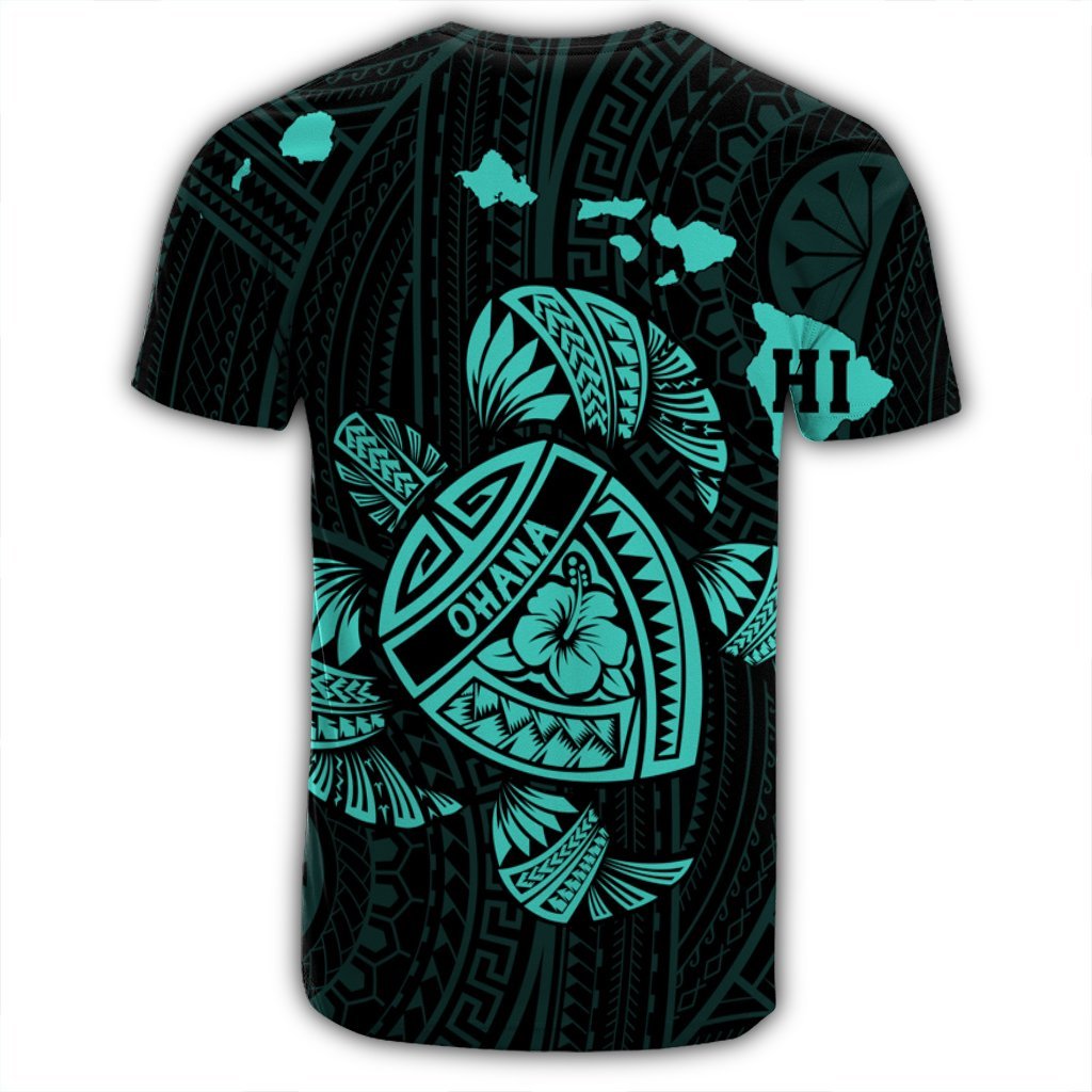 Hawaiian Map Turtle Ohana Hibicus Polynesian T Shirt Turquoise AH - Polynesian Pride
