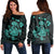 Hawaiian Map Turtle Ohana Hibicus Polynesian Women's Off Shoulder Sweater - Turquoise - AH Black - Polynesian Pride