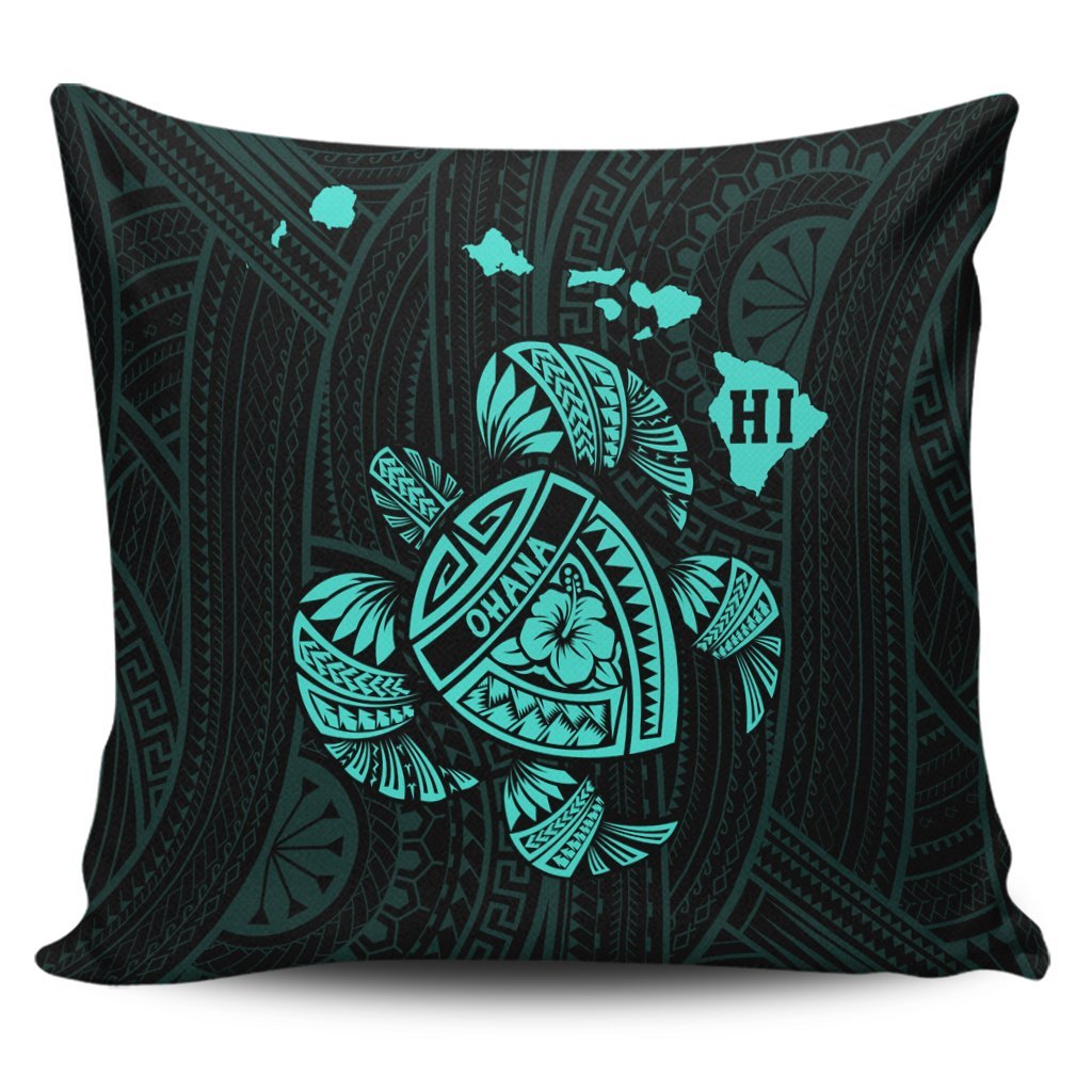 Hawaiian Map Turtle Ohana Hibicus Polynesian Pillow Covers - Turquoise - AH Pillow Covers Black - Polynesian Pride