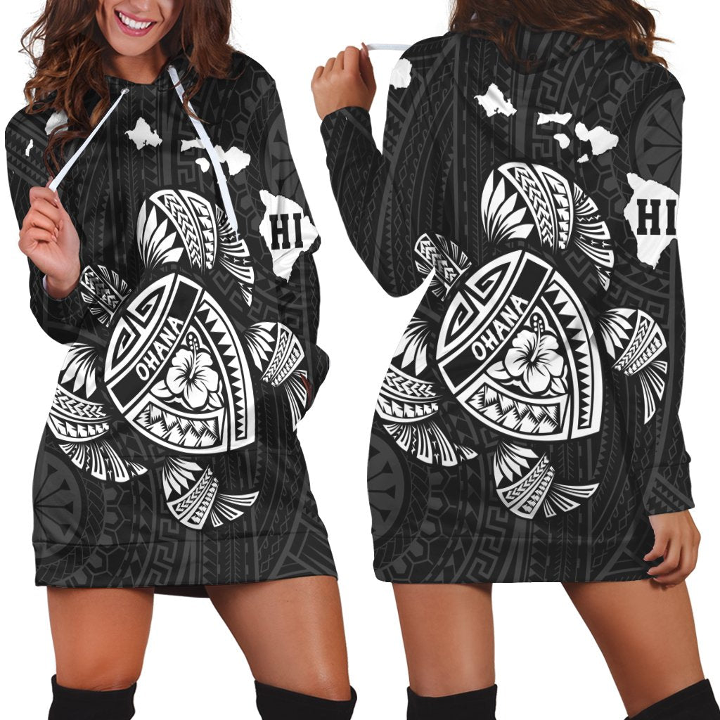 Hawaiian Map Turtle Ohana Hibicus Polynesian Hoodie Dress - White - AH Black - Polynesian Pride