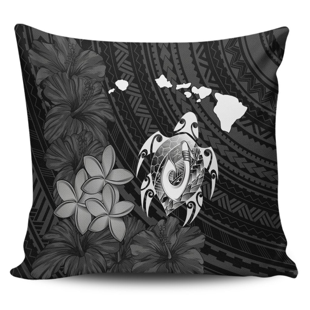 Hawaiian Map Turtle Plumeria Hibiscus Fish Hook Polynesian Pillow Covers - AH Pillow Covers Black - Polynesian Pride