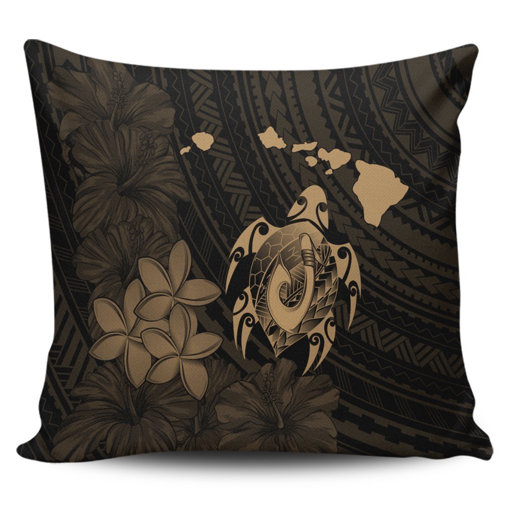 Hawaiian Map Turtle Plumeria Hibiscus Fish Hook Polynesian Pillow Covers Gold - AH Pillow Covers Black - Polynesian Pride