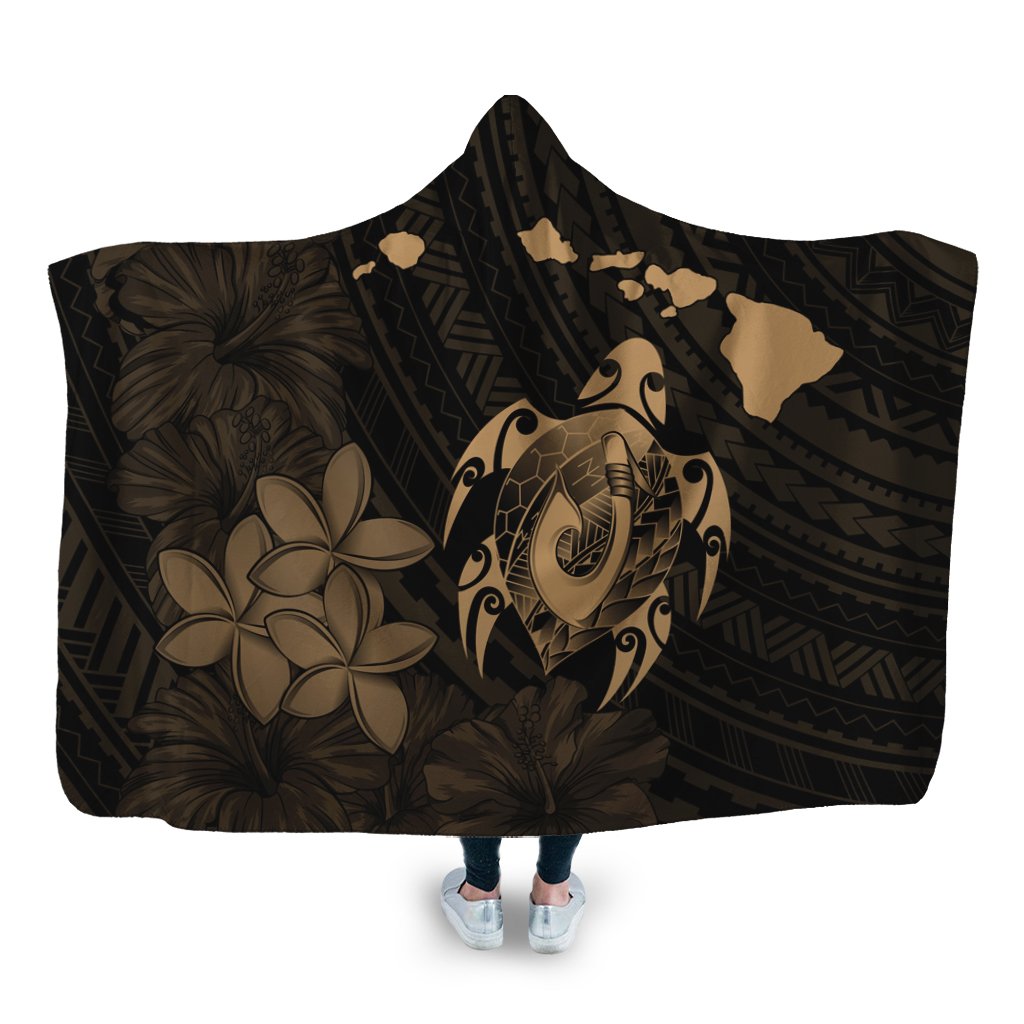 Hawaiian Map Turtle Plumeria Hibiscus Fish Hook Polynesian Hooded Blanket Gold - AH Hooded Blanket White - Polynesian Pride