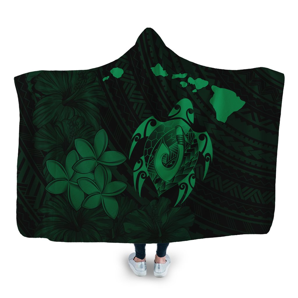 Hawaiian Map Turtle Plumeria Hibiscus Fish Hook Polynesian Hooded Blanket Green - AH Hooded Blanket White - Polynesian Pride