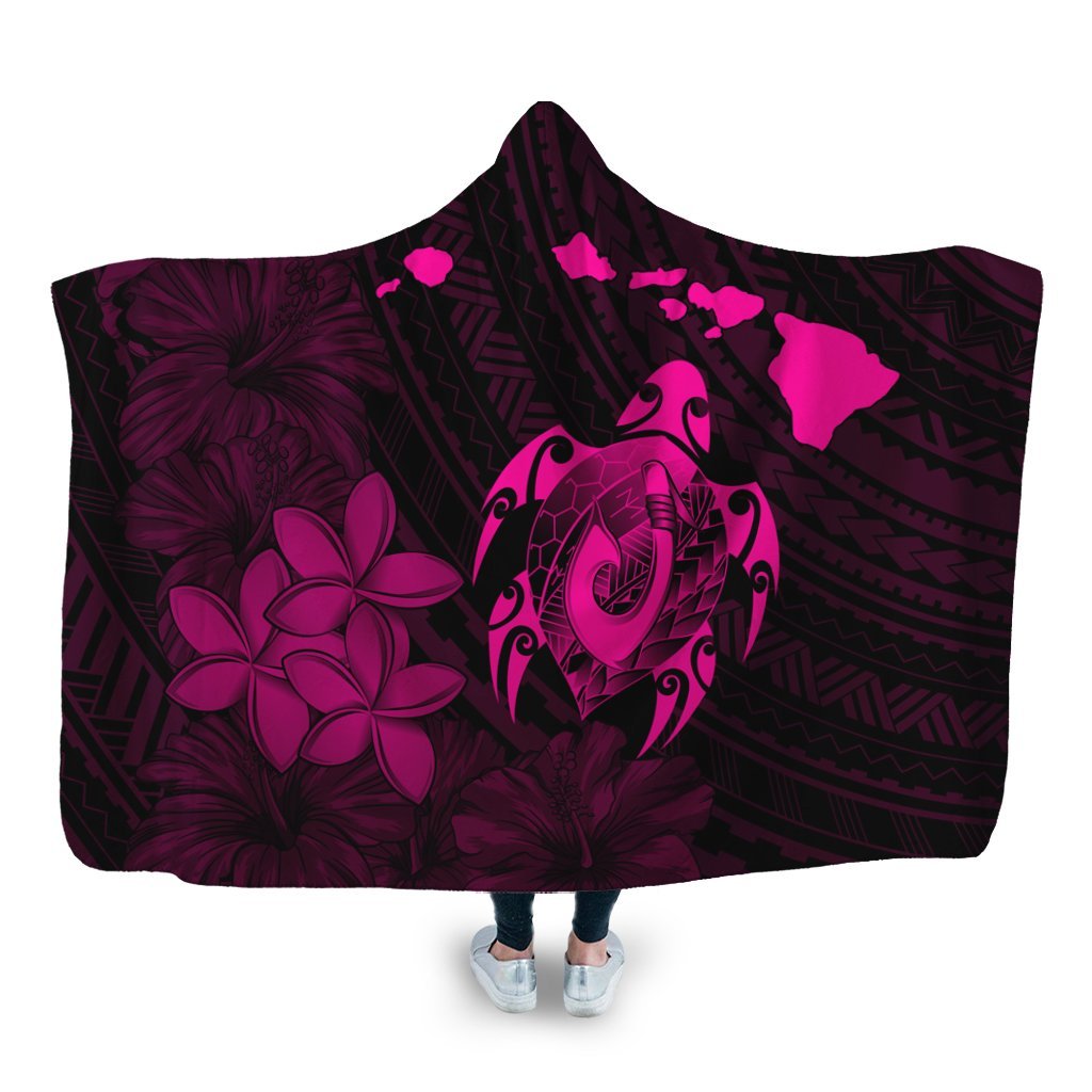 Hawaiian Map Turtle Plumeria Hibiscus Fish Hook Polynesian Hooded Blanket Pink - AH Hooded Blanket White - Polynesian Pride