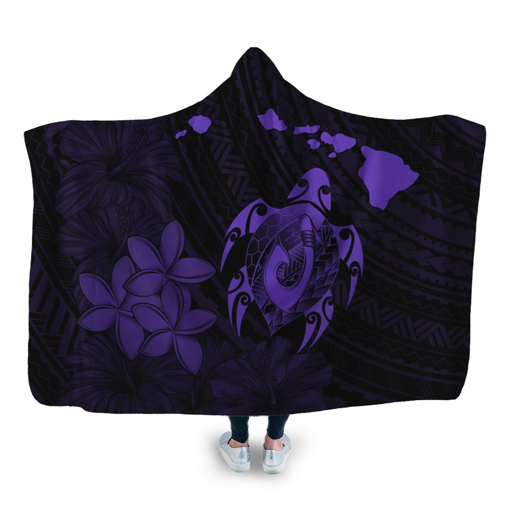 Hawaiian Map Turtle Plumeria Hibiscus Fish Hook Polynesian Hooded Blanket Purple - AH Hooded Blanket White - Polynesian Pride