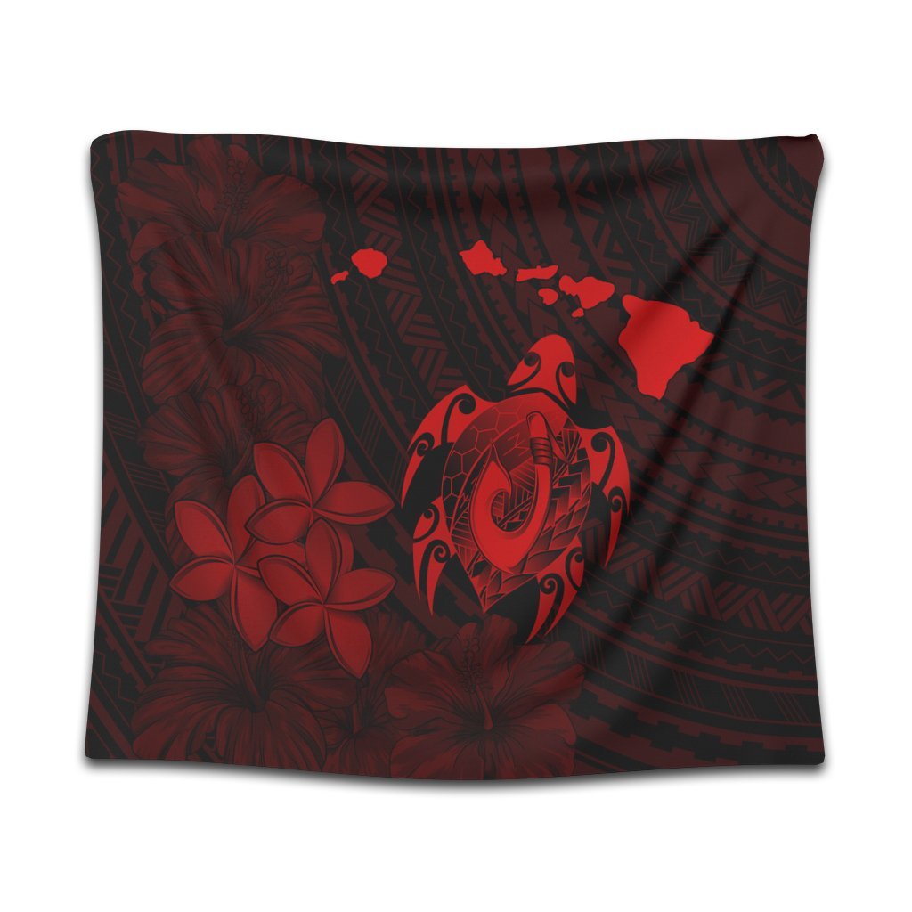 Hawaiian Map Turtle Plumeria Hibiscus Fish Hook Polynesian Tapestry Red - AH Wall Tapestry Black - Polynesian Pride