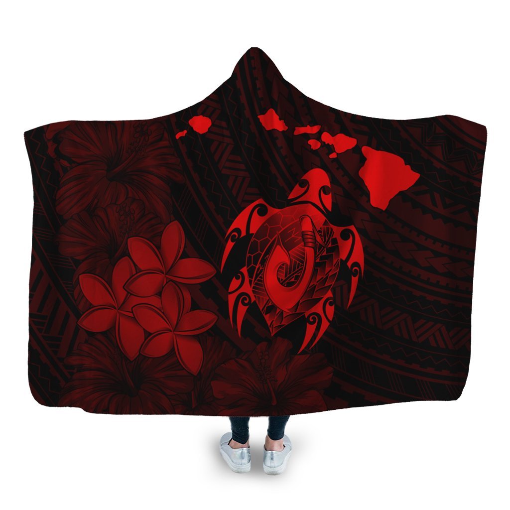 Hawaiian Map Turtle Plumeria Hibiscus Fish Hook Polynesian Hooded Blanket Red - AH Hooded Blanket White - Polynesian Pride