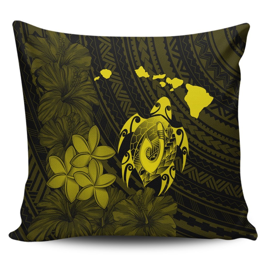 Hawaiian Map Turtle Plumeria Hibiscus Fish Hook Polynesian Pillow Covers Yellow - AH Pillow Covers Black - Polynesian Pride