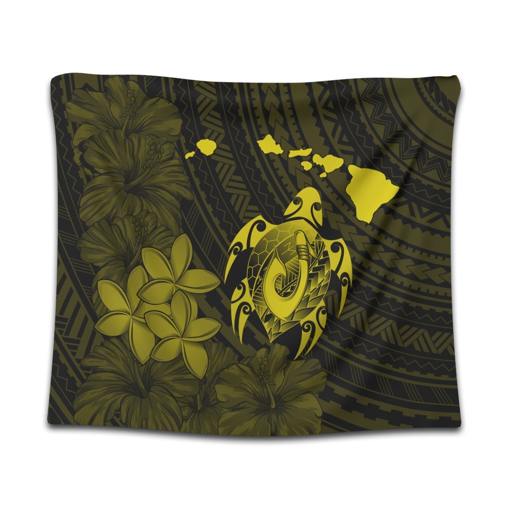 Hawaiian Map Turtle Plumeria Hibiscus Fish Hook Polynesian Tapestry Yellow - AH Wall Tapestry Black - Polynesian Pride