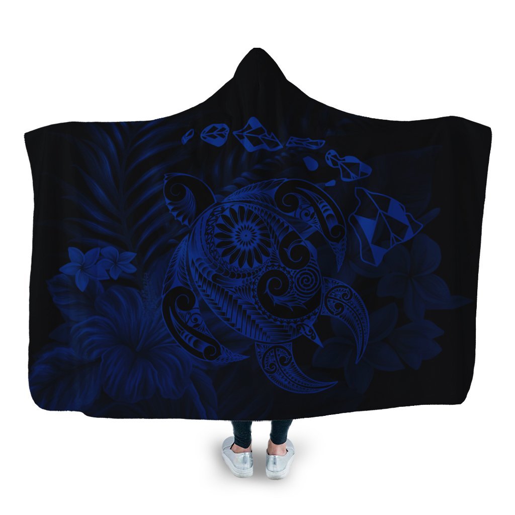 Hawaiian Map Turtle Tattoo Hibiscus Plumeria Polynesian Hooded Blanket - Blue - AH Hooded Blanket White - Polynesian Pride