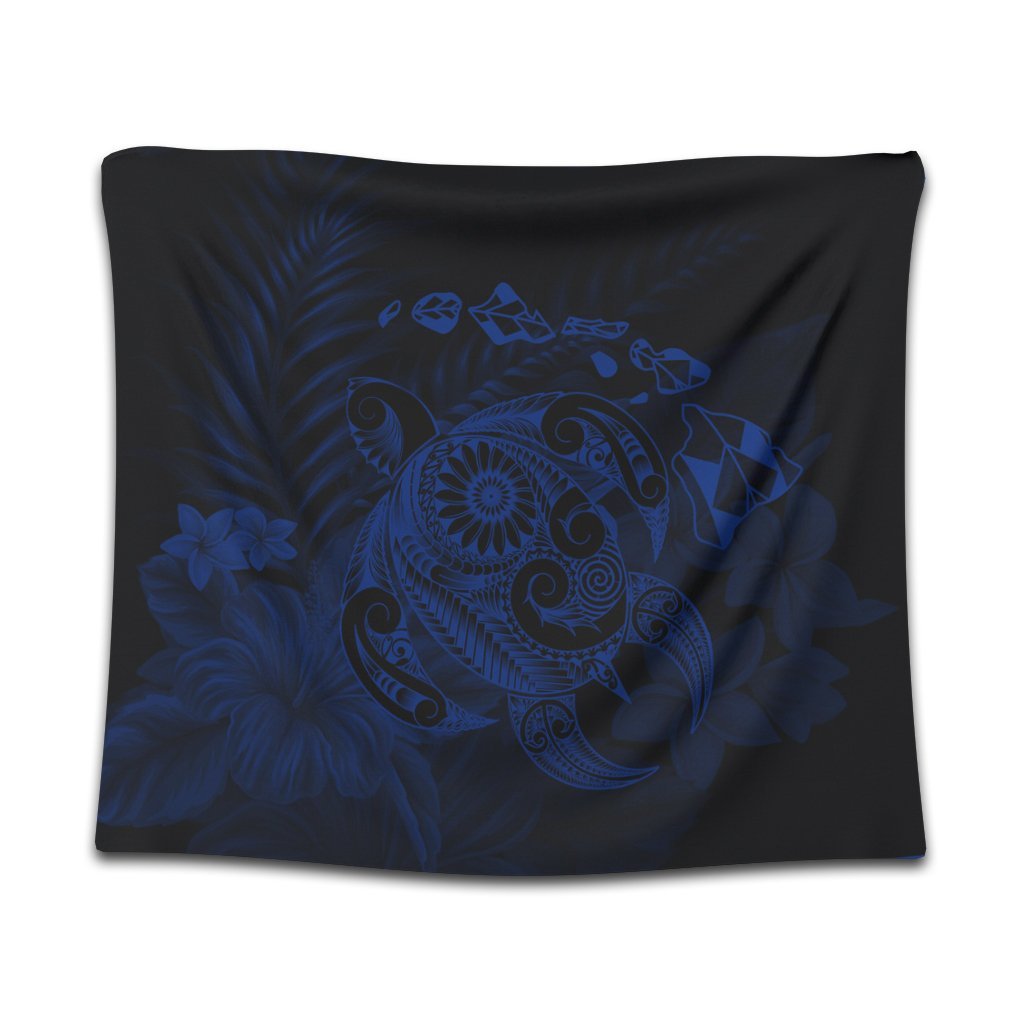 Hawaiian Map Turtle Tattoo Hibiscus Plumeria Polynesian Tapestry - Blue - AH Wall Tapestry Black - Polynesian Pride