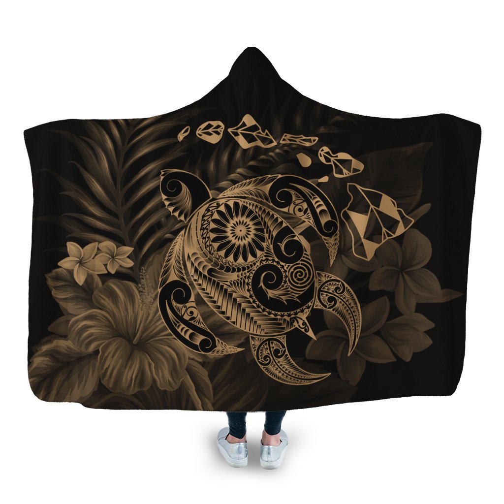 Hawaiian Map Turtle Tattoo Hibiscus Plumeria Polynesian Hooded Blanket - Gold - AH Hooded Blanket White - Polynesian Pride