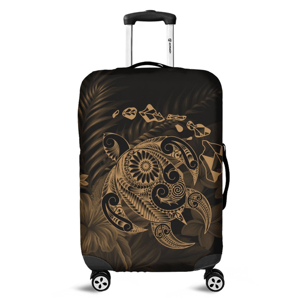 Hawaiian Map Turtle Tattoo Hibiscus Plumeria Polynesian Luggage Covers - Gold - AH Black - Polynesian Pride