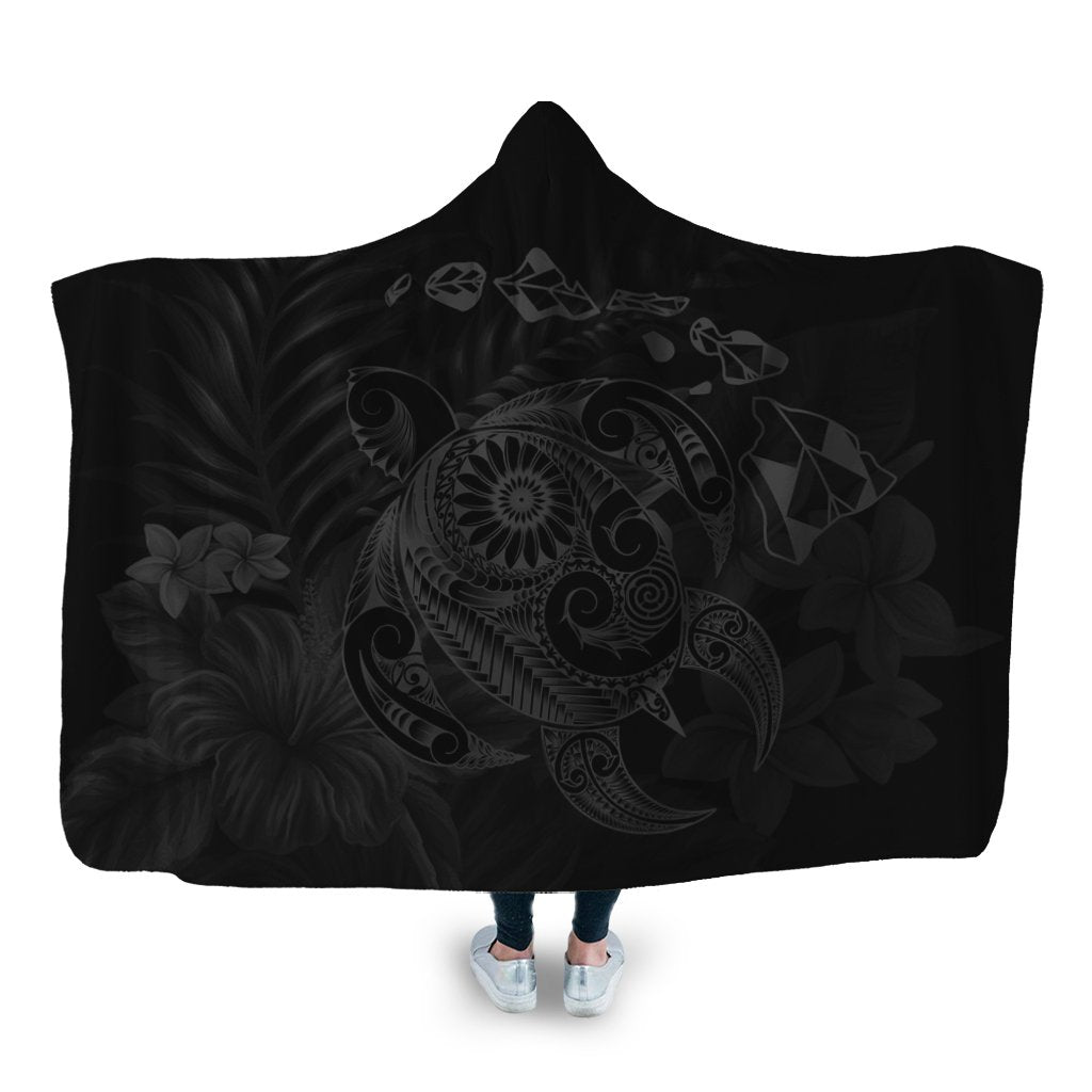 Hawaiian Map Turtle Tattoo Hibiscus Plumeria Polynesian Hooded Blanket - Gray - AH Hooded Blanket White - Polynesian Pride