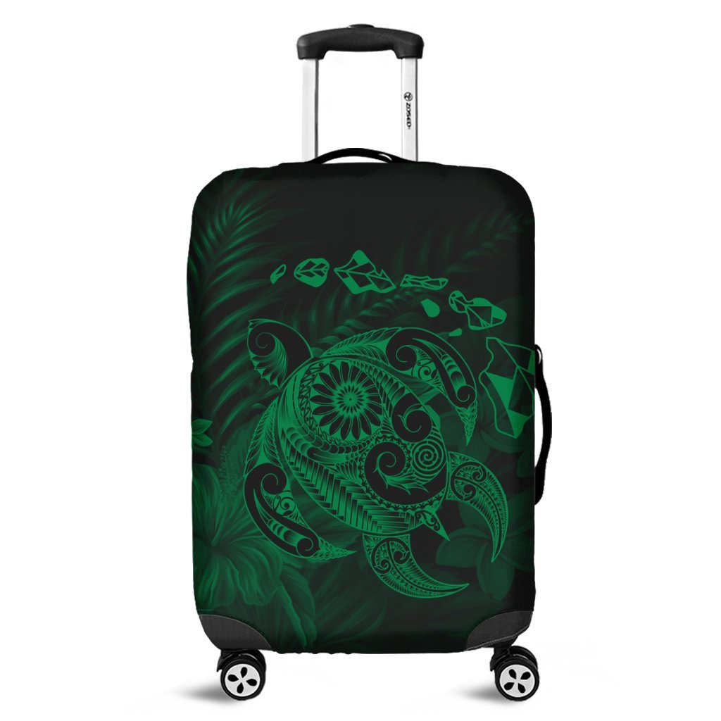 Hawaiian Map Turtle Tattoo Hibiscus Plumeria Polynesian Luggage Covers - Green - AH Black - Polynesian Pride