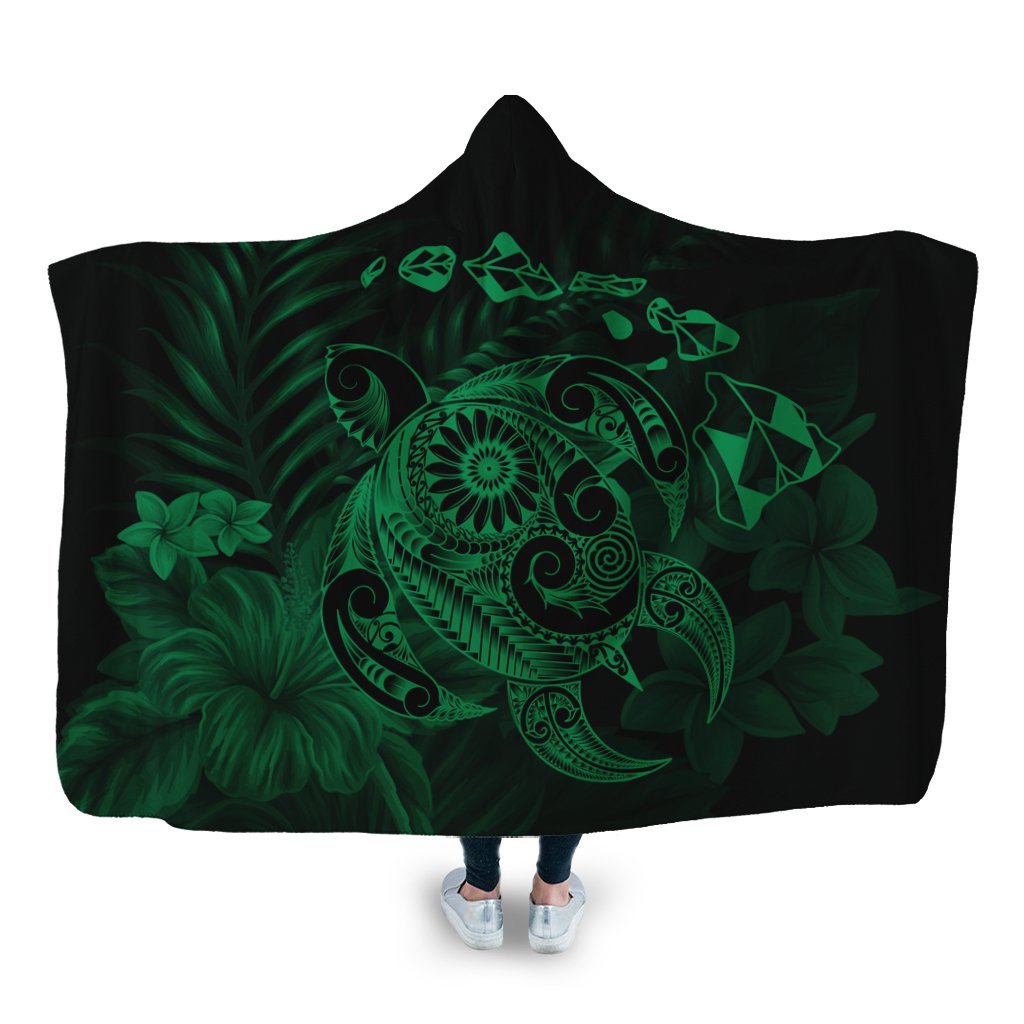 Hawaiian Map Turtle Tattoo Hibiscus Plumeria Polynesian Hooded Blanket - Green - AH Hooded Blanket White - Polynesian Pride