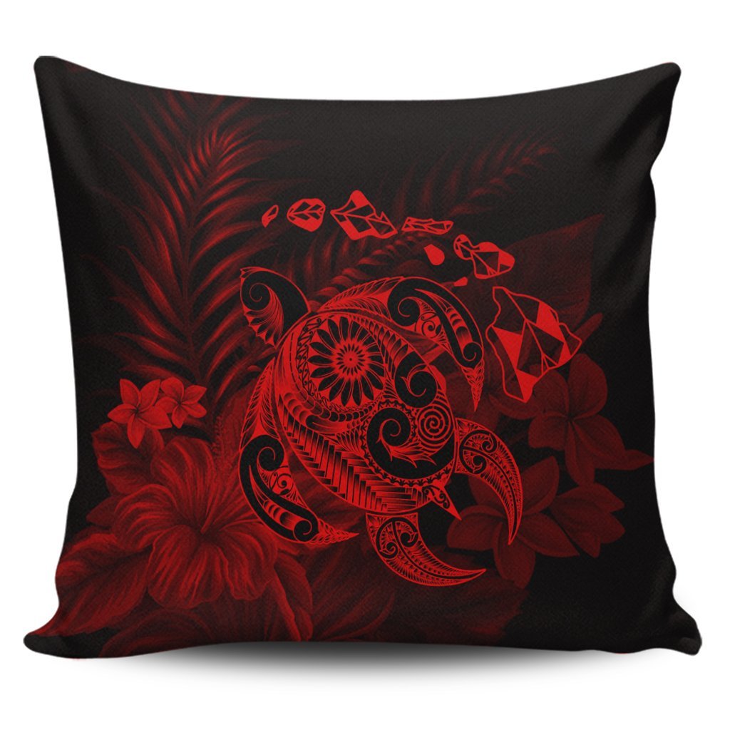 Hawaiian Map Turtle Tattoo Hibiscus Plumeria Polynesian Pillow Covers - Red - AH Pillow Covers Black - Polynesian Pride