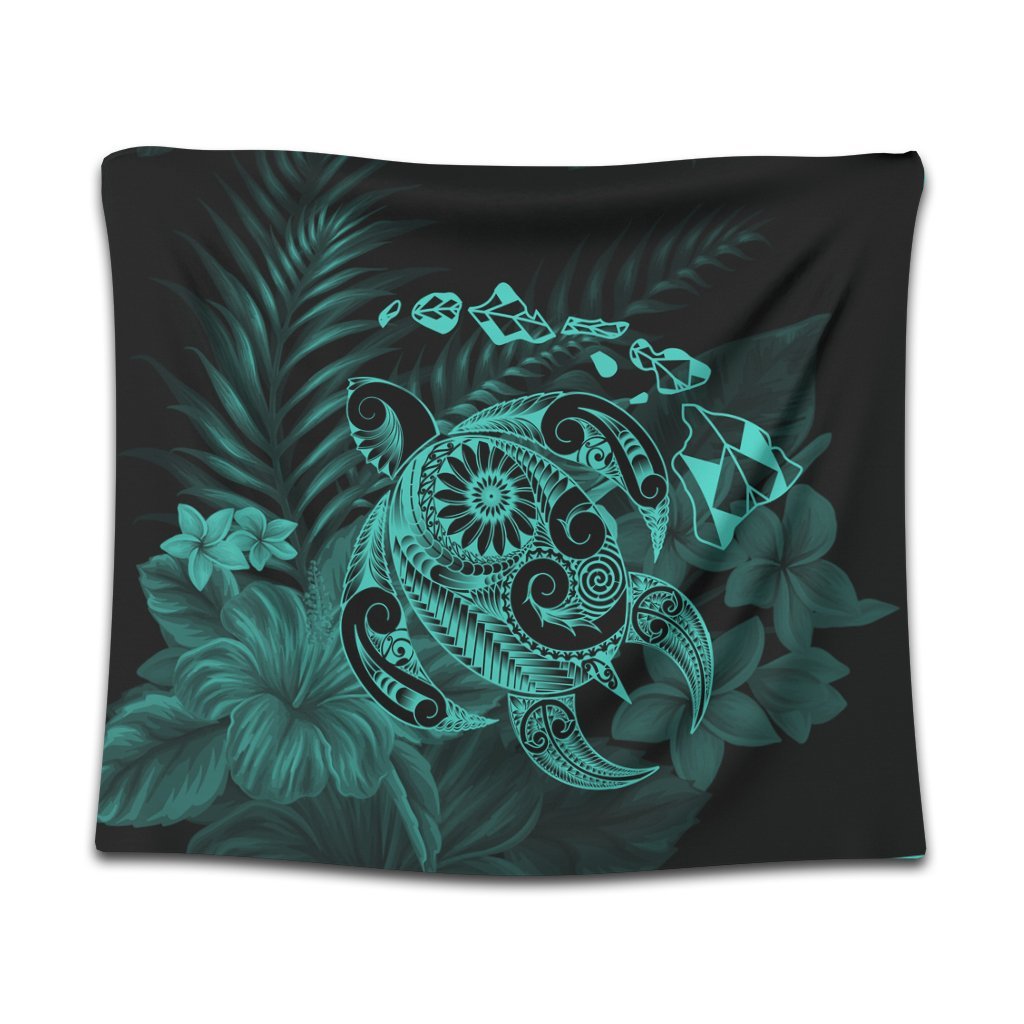 Hawaiian Map Turtle Tattoo Hibiscus Plumeria Polynesian Tapestry - Turquoise - AH Wall Tapestry Black - Polynesian Pride