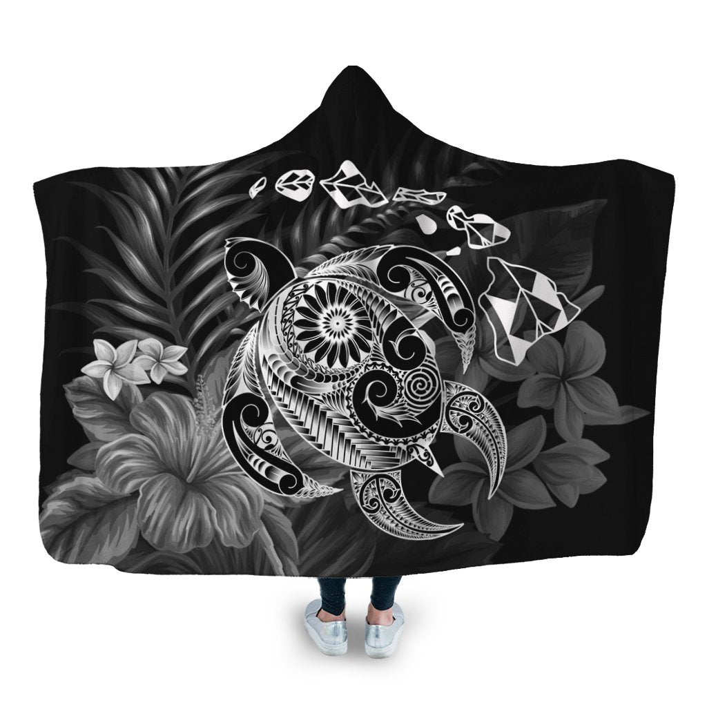 Hawaiian Map Turtle Tattoo Hibiscus Plumeria Polynesian Hooded Blanket - White - AH Hooded Blanket White - Polynesian Pride