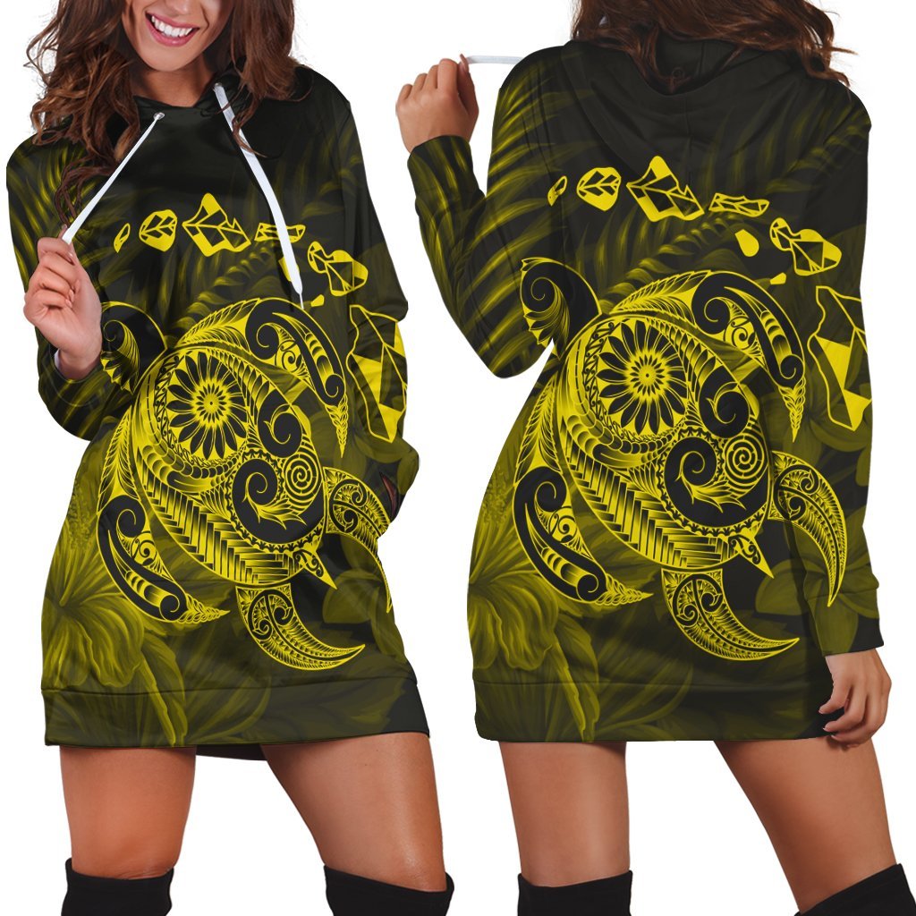 Hawaiian Map Turtle Tattoo Hibiscus Plumeria Polynesian Hoodie Dress - Yellow - AH Black - Polynesian Pride