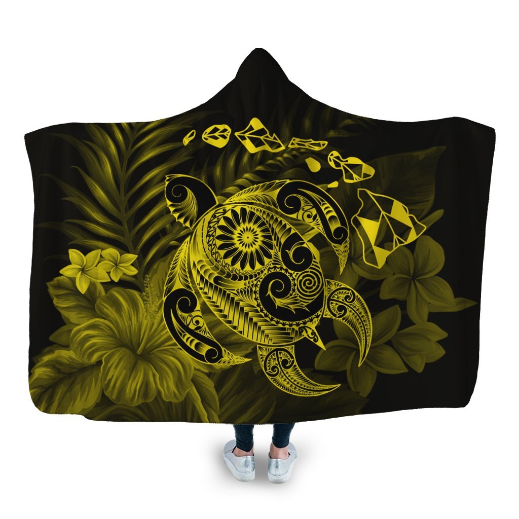 Hawaiian Map Turtle Tattoo Hibiscus Plumeria Polynesian Hooded Blanket - Yellow - AH Hooded Blanket White - Polynesian Pride