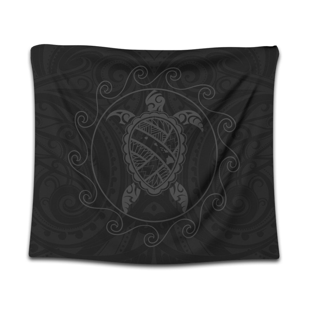 Hawaiian Map Turtle Wave Polynesian Tapestry Gray - AH Wall Tapestry Black - Polynesian Pride