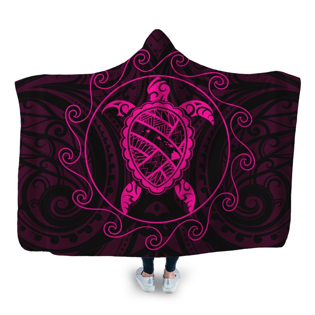 Hawaiian Map Turtle Wave Polynesian Hooded Blanket Pink - AH Hooded Blanket White - Polynesian Pride