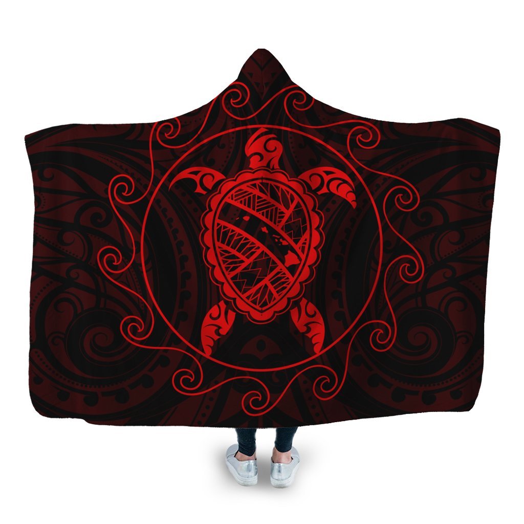 Hawaiian Map Turtle Wave Polynesian Hooded Blanket Red - AH Hooded Blanket White - Polynesian Pride