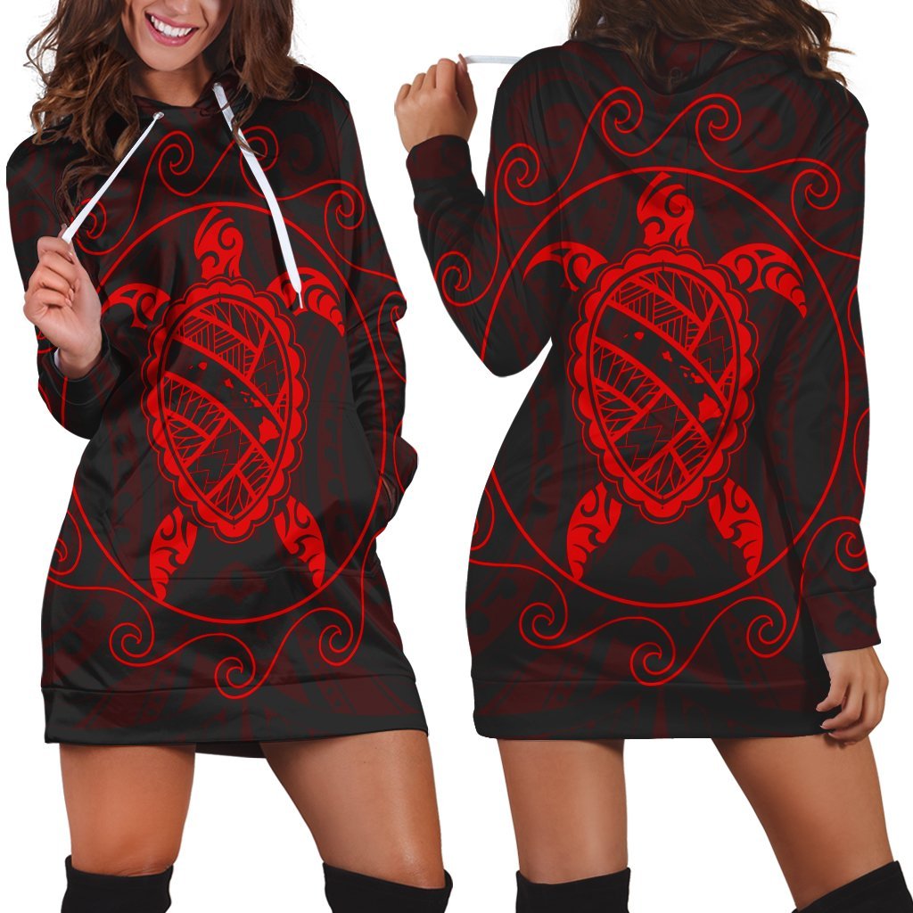 Hawaiian Map Turtle Wave Polynesian Hoodie Dress Red - AH Black - Polynesian Pride