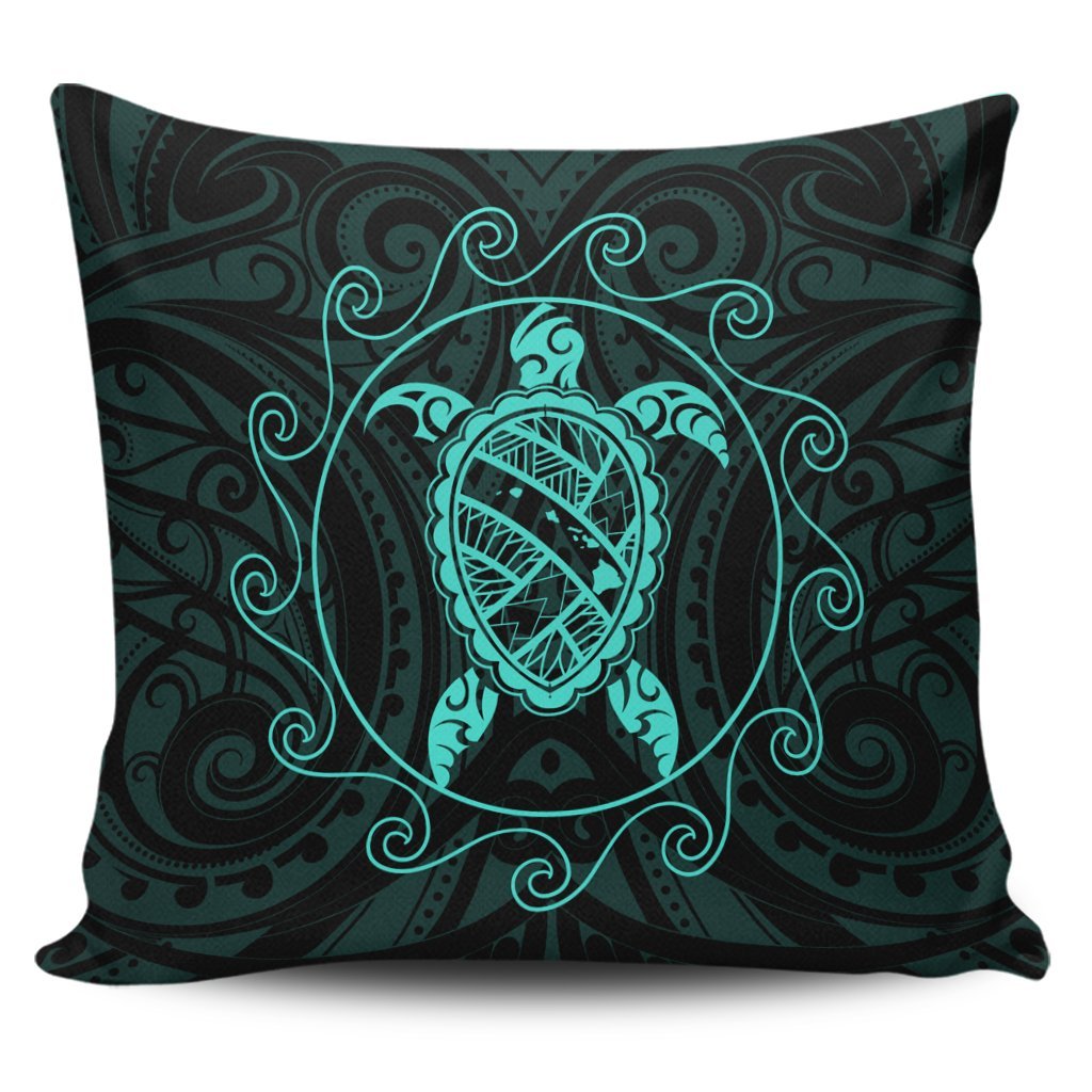 Hawaiian Map Turtle Wave Polynesian Pillow Covers Turquoise - AH Pillow Covers Black - Polynesian Pride