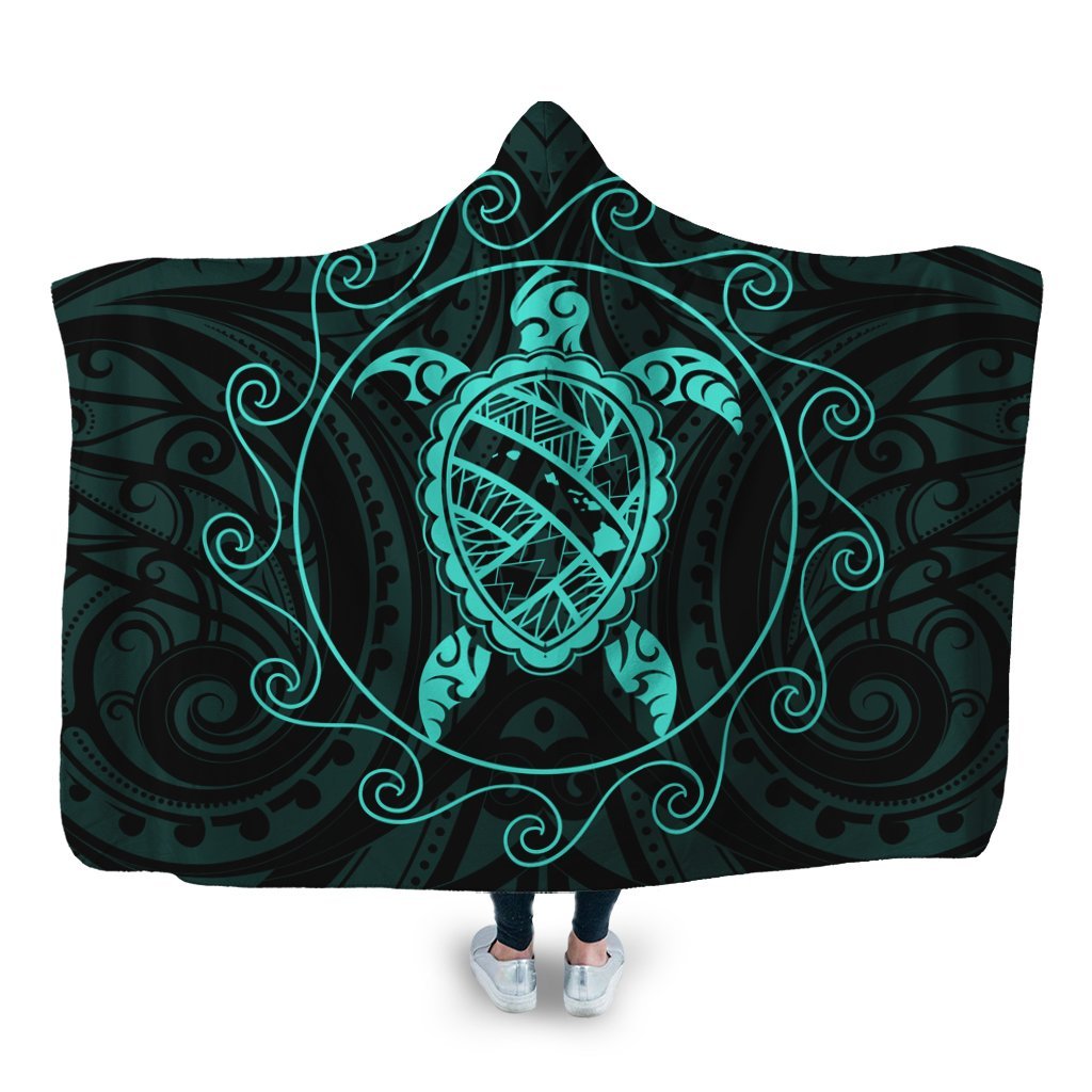 Hawaiian Map Turtle Wave Polynesian Hooded Blanket Turquoise - AH Hooded Blanket White - Polynesian Pride