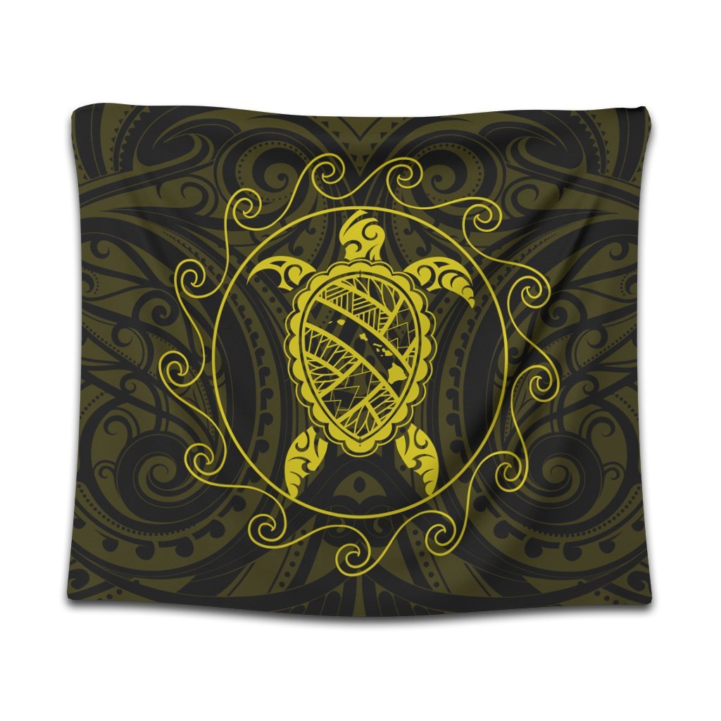 Hawaiian Map Turtle Wave Polynesian Tapestry Yellow - AH Wall Tapestry Black - Polynesian Pride