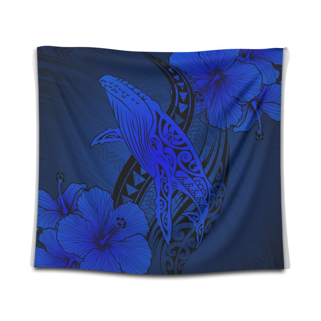 Hawaiian Map Whale Swim Hibiscus Polynesian Tapestry - Blue - AH Wall Tapestry Black - Polynesian Pride