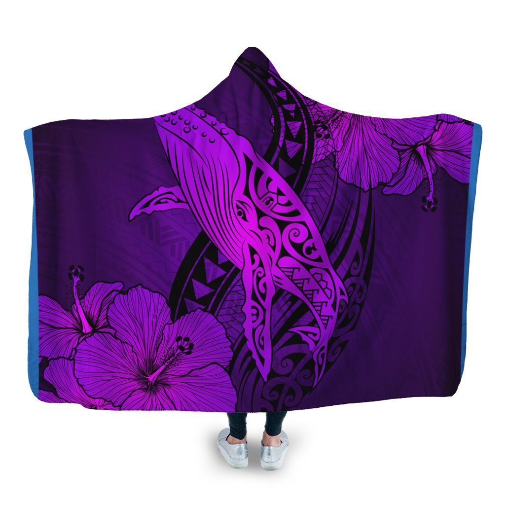 Hawaiian Map Whale Swim Hibiscus Polynesian Hooded Blanket - Purple - AH Hooded Blanket White - Polynesian Pride