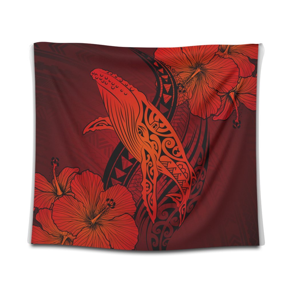 Hawaiian Map Whale Swim Hibiscus Polynesian Tapestry - Red - AH Wall Tapestry Black - Polynesian Pride