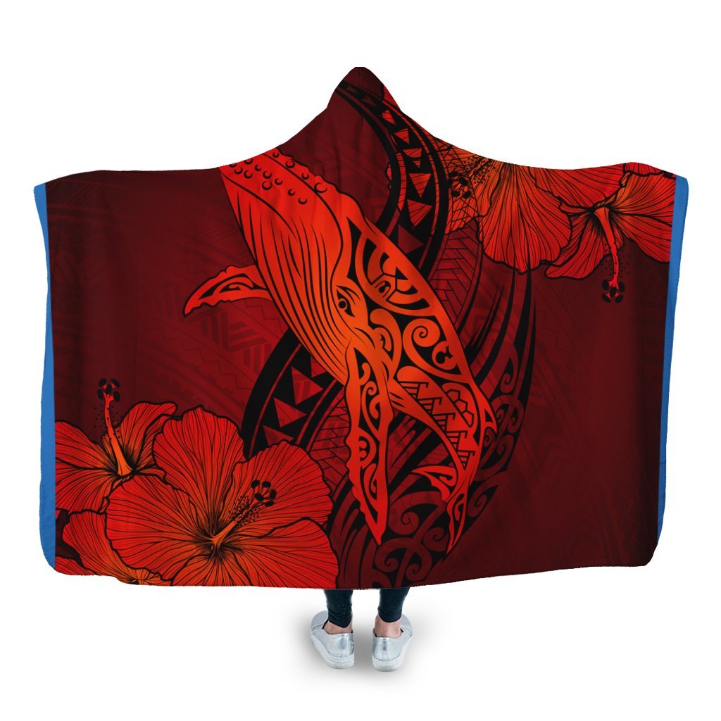 Hawaiian Map Whale Swim Hibiscus Polynesian Hooded Blanket - Red - AH Hooded Blanket White - Polynesian Pride