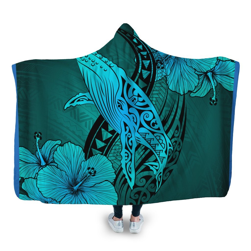 Hawaiian Map Whale Swim Hibiscus Polynesian Hooded Blanket - Turquoise - AH Hooded Blanket White - Polynesian Pride