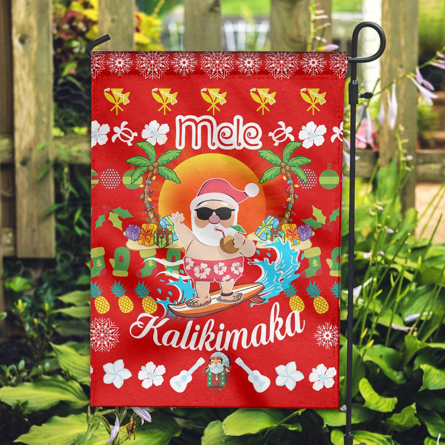 Hawaiian Mele Kalikimaka Santa Claus Pattern Christmas Garden Flag - Red - Labo Style - AH House Flag - Polynesian Pride